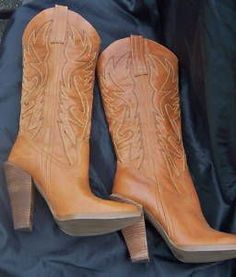 Pair of brown leather cowboy boots with high heels and embroidered designs