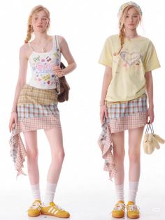 Two full body shots of a woman in different casual outfits with plaid skirts