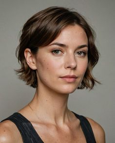 Woman with short brown hair wearing a black top, looking directly at the camera