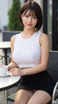 Woman with short hair in a white crop top and black mini skirt at an outdoor cafe