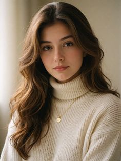 Woman with long brown hair wearing a cream turtleneck sweater and gold necklace