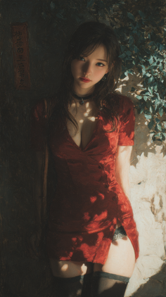Woman in a red dress with dramatic lighting and shadows