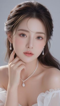 Woman with long hair and pearl jewelry wearing an off-shoulder top