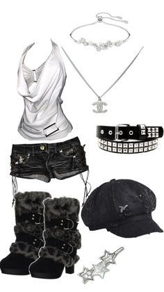 Collection of clothing and accessories including a white top, denim shorts, and fur boots