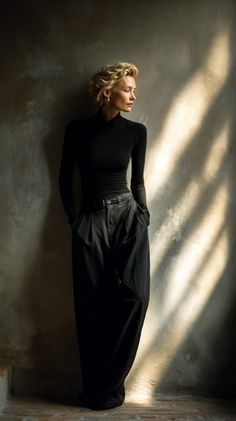 Woman with short blonde hair in a black turtleneck and wide leg pants indoors