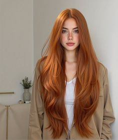 Woman with long red hair and freckles wearing a white top and beige jacket indoors