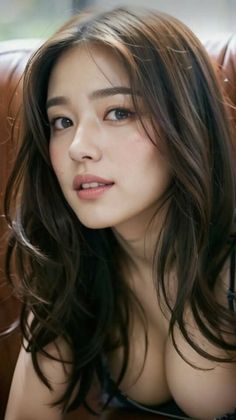 Woman with long dark hair and visible cleavage in soft lighting