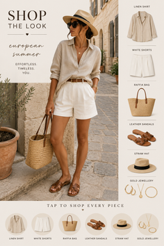 Woman in a straw hat and linen shirt with white shorts on a stone street