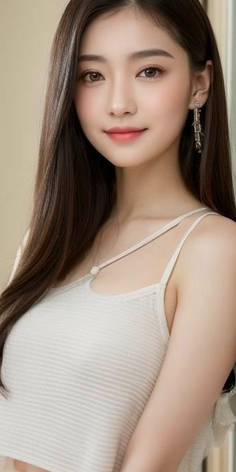 Woman with long dark hair wearing a white top and earrings