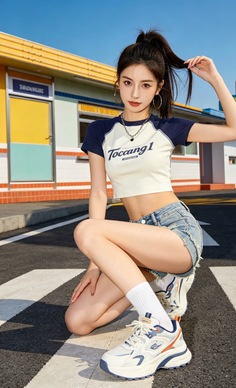 Woman in a crop top and denim shorts crouching on a street