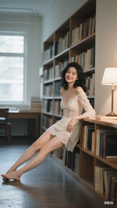 Woman in a white lace dress leaning against a bookshelf in a library