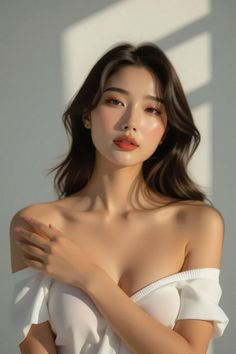 Woman with long dark hair wearing an off-shoulder top with soft lighting
