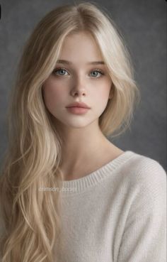 Blonde woman with blue eyes and freckles wearing a white sweater