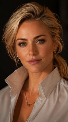 Woman with blonde hair in a white collared shirt and jewelry against a dark background