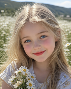 Young girl with blonde hair and blue eyes holding daisies in a field