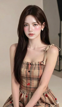 Woman with long hair wearing a plaid dress with red buttons
