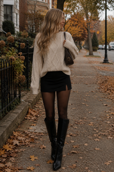 Woman in a cable knit sweater and mini skirt walking on a street with autumn leaves