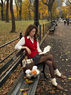 Woman in a red vest and pleated skirt reading a book on a park bench in autumn
