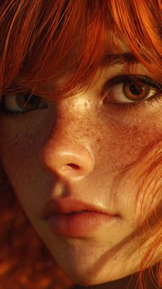 Close up portrait of a person with red hair and freckles in golden hour light