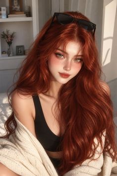 Woman with long red hair and green eyes wearing a black bra and white cardigan