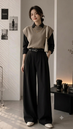 Woman in a black shirt, sleeveless sweater, and wide leg pants indoors