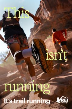 People trail running on a rocky path with motion blur and dynamic poses