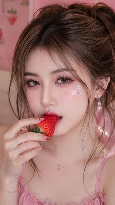 Woman in a pink dress holding a strawberry to her lips