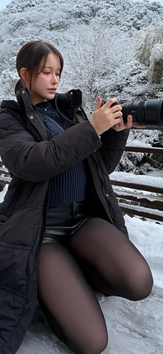 Woman in a puffer jacket and tights holding a camera in a snowy outdoor setting