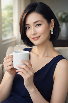 Woman with short hair in a navy dress holding a mug indoors