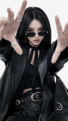 Woman in black leather outfit and sunglasses with hands reaching forward