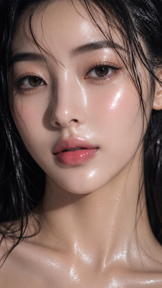 Close up portrait of a woman with wet hair and glossy skin