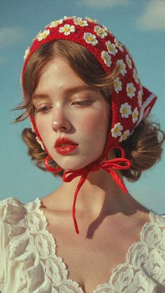 Woman in a red daisy bandana and lace top looking down