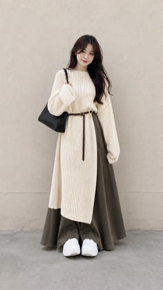 Woman in a cream sweater dress and long skirt with a black handbag