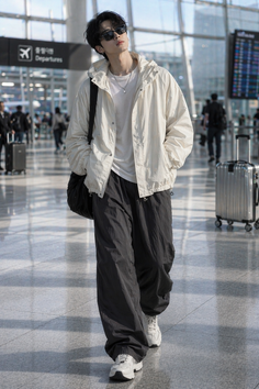 Man in sunglasses and a hooded jacket walking through an airport