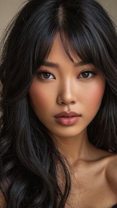 Woman with long black hair and bare shoulders looking directly at the viewer