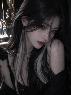 Illustration of a woman with long black hair and a white streak, wearing a lace top