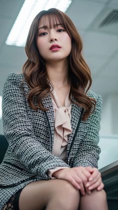 Woman in a tweed jacket and blouse with stockings, looking directly at the viewer