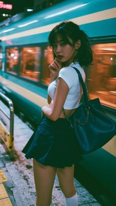 Woman in a crop top and mini skirt at a train station at night