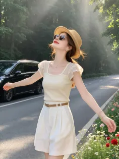 Woman in a straw hat and white shorts standing outdoors with arms outstretched