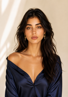 Woman with long dark hair wearing a navy blue shirt with an exposed shoulder