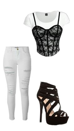A white t-shirt layered with a black lace corset, ripped white jeans, and black strappy high heels