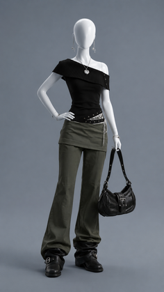 Mannequin wearing a black off-shoulder top, wide-leg pants, and black boots