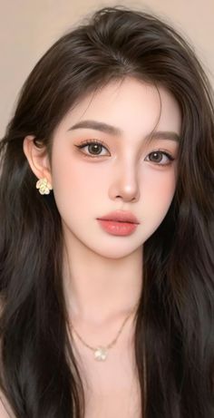 Realistic portrait of a woman with long dark hair and flower earrings
