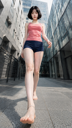 Woman with short hair in a pink tank top and dark shorts walking barefoot outdoors