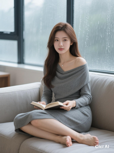 Woman with long hair in a gray off-shoulder dress reading a book on a sofa