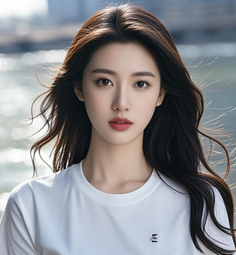 Woman with long black hair wearing a white t-shirt outdoors