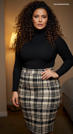 Woman with long curly hair wearing a black turtleneck and plaid skirt indoors