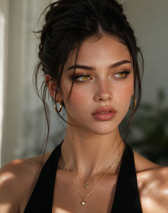 Woman with dark hair in a messy bun wearing gold jewelry