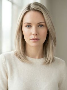 Woman with blonde hair and blue eyes wearing a cream sweater