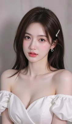 Woman with long brown hair wearing an off-shoulder white dress and heart earrings